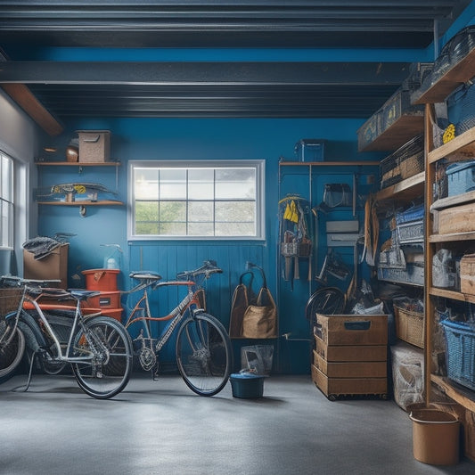 A cluttered garage with bicycles, tools, and boxes scattered around, contrasted with a sleek, organized space above featuring installed shelves, bins, and a pulley system to maximize overhead storage.