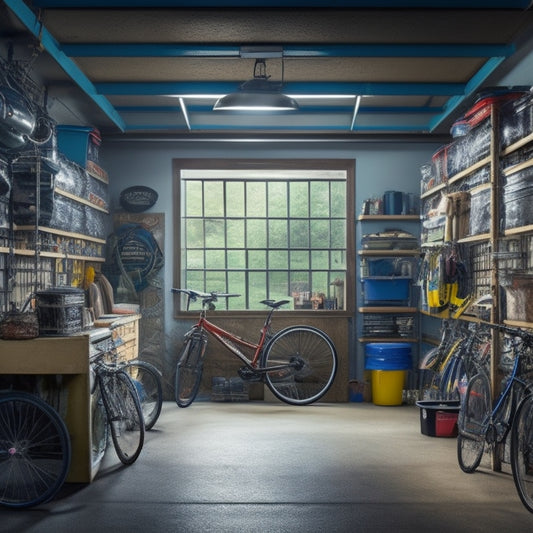 A cluttered garage with a single, uncluttered section highlighting vertical storage potential: shelves, hooks, and bins, with a few bicycles, tools, and storage containers suspended from the ceiling.