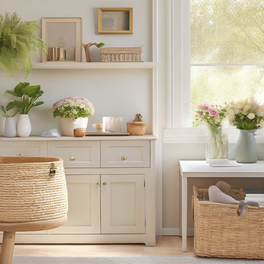 A tidy, pastel-hued home office with a wooden desk, a vase with fresh flowers, and a few neatly labeled storage bins and baskets, surrounded by soft, natural light.