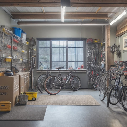 A cluttered garage with scattered tools, boxes, and bikes, transformed into a sleek, organized space with a pegboard, floor-to-ceiling storage, and a sports car parked in the center, surrounded by natural light.