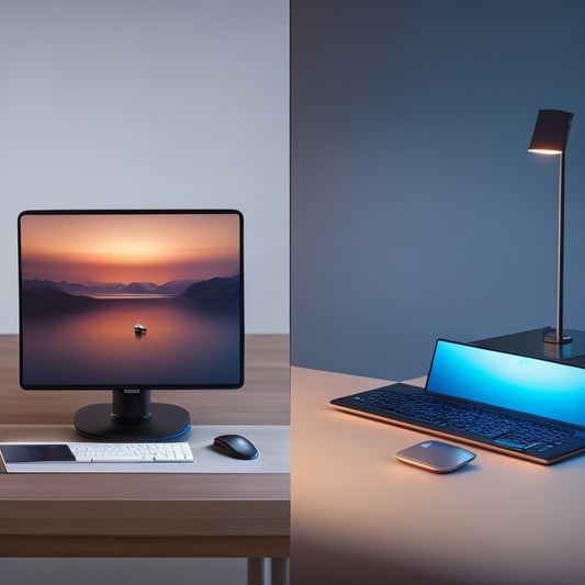 A split-screen image with a smartphone on the left, its screen glowing with a wireless signal, and a laptop on the right, its screen mirroring the phone's, surrounded by minimalist desk props and a subtle gradient background.