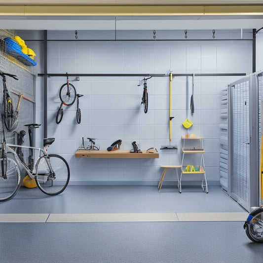 A tidy garage with a sleek, gray epoxy-coated floor, neatly organized tools on a pegboard, and a few bicycles suspended from the ceiling, surrounded by white walls and a single, large window.