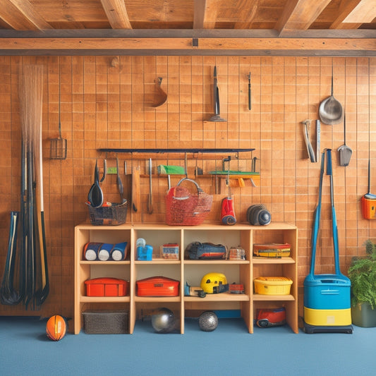 A clutter-free garage with three-tiered storage shelves, wooden slats, and metal frames, holding various tools, bins, and sports equipment, with a sleek, modern, and organized aesthetic.