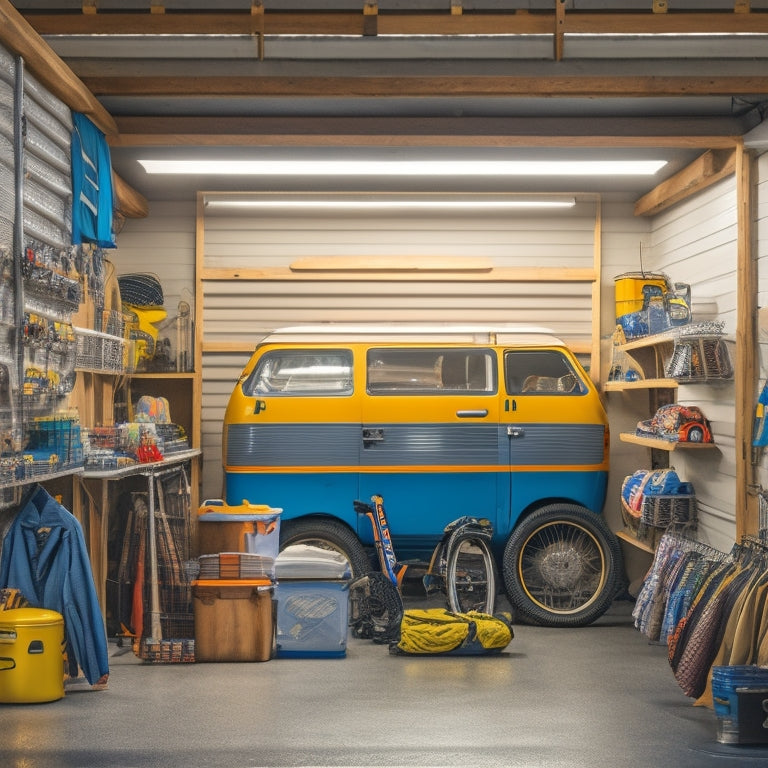 A well-organized garage with a camper van in the background, hooks holding camping gear like bikes, lanterns, and coolers, and storage bins labeled with camping icons like tents and mountains.