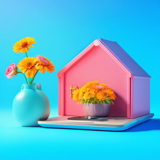 A minimalist illustration featuring a small piggy bank surrounded by blooming flowers, a tiny house, a briefcase, and a laptop, against a bright blue background with subtle sun rays.