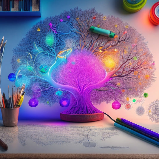 A vibrant, hand-drawn mind map with colorful branches and nodes radiating from a central point, surrounded by creative symbols, such as lightbulbs, paintbrushes, and musical notes.
