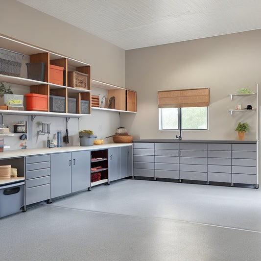 A bright, modern garage interior with a sleek, grey epoxy floor, featuring a mix of wall-mounted cabinets, open shelving, and a slatwall with hooks, baskets, and bins, all in a cohesive, industrial-chic style.