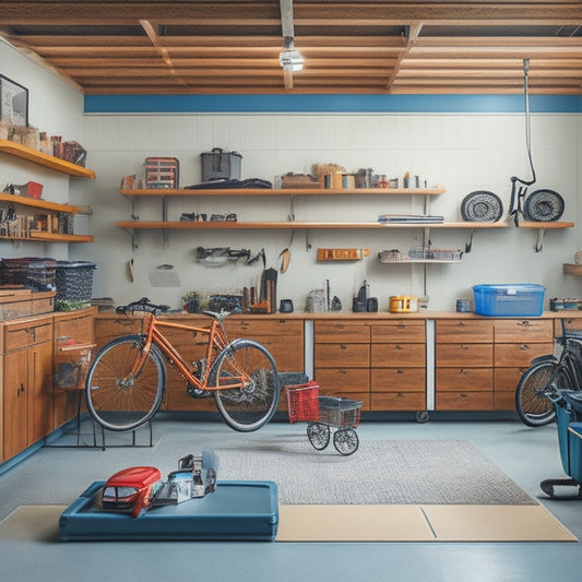 A clutter-free garage interior with a sleek, silver sports car parked in the center, surrounded by organized toolboxes, labeled bins, and a pegboard with neatly hung bicycles and accessories.