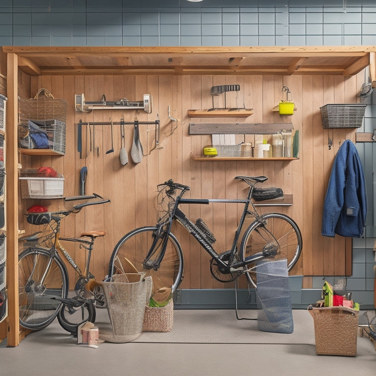 A clutter-free garage with a slatwall featuring hooks, bins, and a foldable workbench, accompanied by a pegboard with hanging tools, and a sleek, overhead storage rack for bikes and seasonal items.