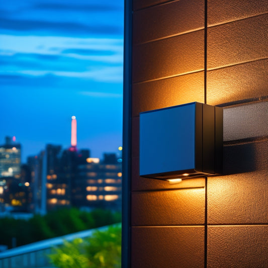 A close-up shot of the Harris LSWS1 wall pack, illuminated, mounted on a modern building's exterior wall, with a cityscape or urban background, showcasing its sleek and compact design.