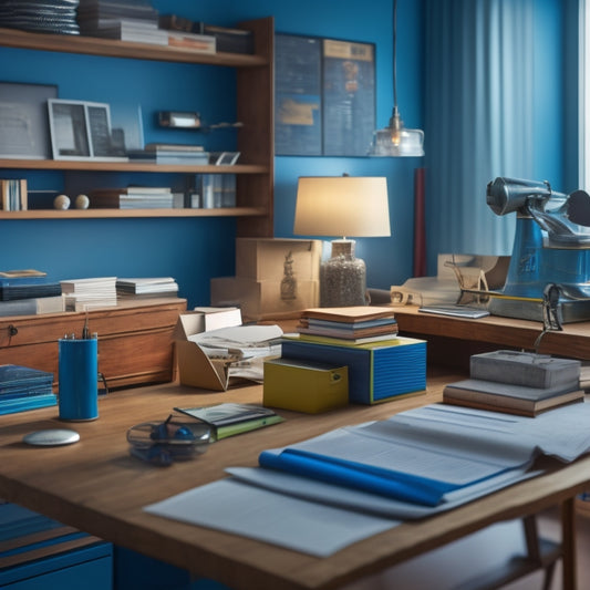 A tidy, well-lit office with a minimalist desk, a few rolled-up blueprints leaning against a corner, and a set of labeled, color-coded file folders on a shelf, with a few scattered paperweights.