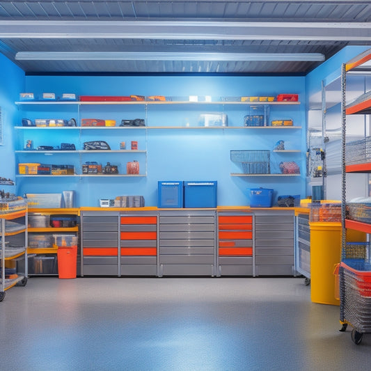 A clutter-free garage interior with a sleek, gray epoxy-coated floor, rows of metal shelving units, and neatly organized tools and storage bins, illuminated by bright, overhead LED lighting.