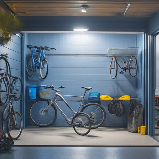 A clutter-free garage with a sleek, silver overhead storage rack holding three bicycles, a kayak, and several storage bins, illuminated by a row of bright LED lights.