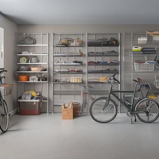 A clutter-free garage with a sleek, silver slatwall system, holding bins and baskets, alongside a compact shelving unit and a ceiling-mounted bike rack, with a few bikes and tools organized neatly.