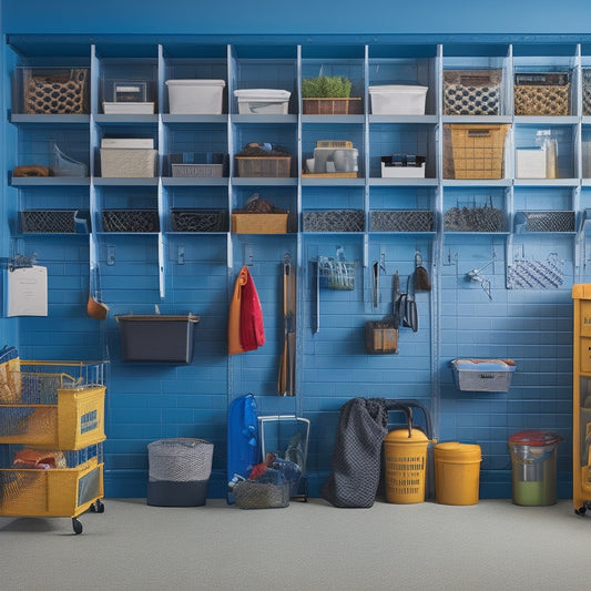 A clutter-free garage with a slatwall featuring mounted bins, hooks, and baskets, alongside a pegboard with organized tools, and a floor-to-ceiling shelving unit with labeled storage containers.