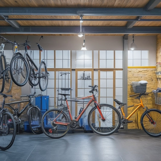 A well-lit, clutter-free garage with multiple bicycles of various sizes and styles suspended from ceiling-mounted hooks, and organized on wall-mounted racks and shelves.