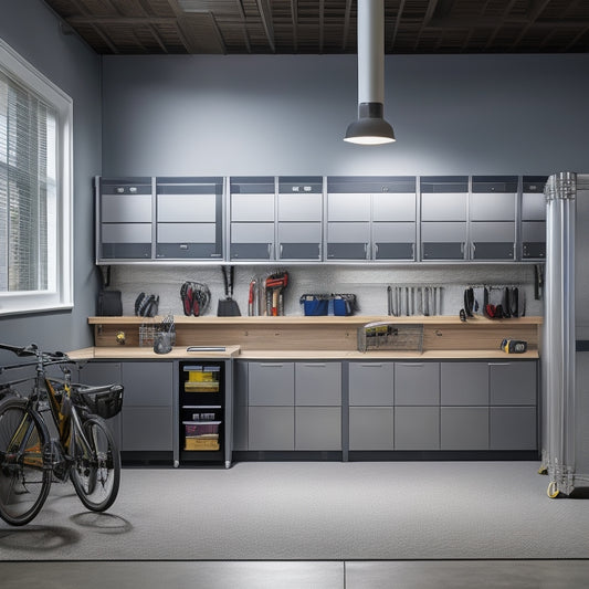 A well-lit, modern garage with sleek, gray cabinets, slatwall panels, and a stainless steel workbench, featuring a variety of organized storage bins, hooks, and a built-in bike rack.