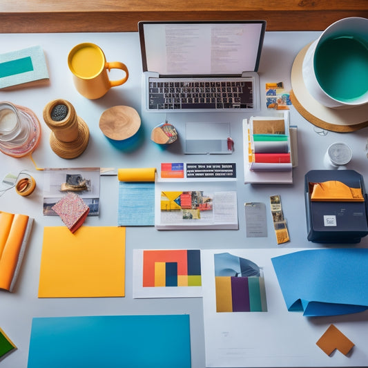 A colorful, clutter-free workspace with a MacBook, a cup of coffee, and a few scattered label templates, surrounded by design elements like shapes, icons, and colorful paper scraps.