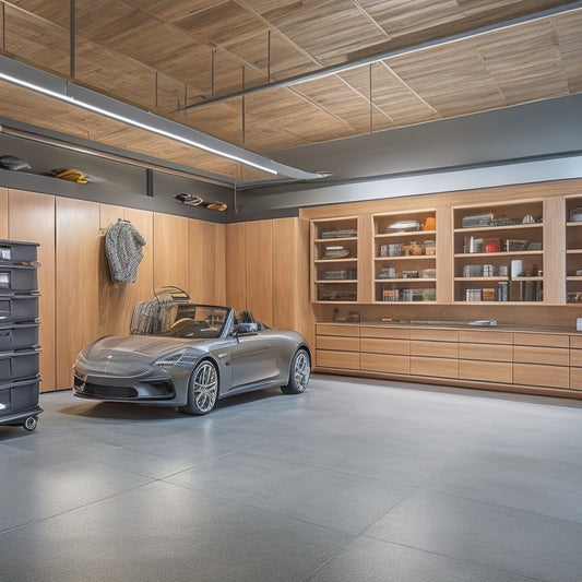 A modern garage with sleek, floor-to-ceiling cabinets in a warm, wood-grain finish, holding organized bins and baskets, surrounded by a polished concrete floor and a few strategically parked sports cars.