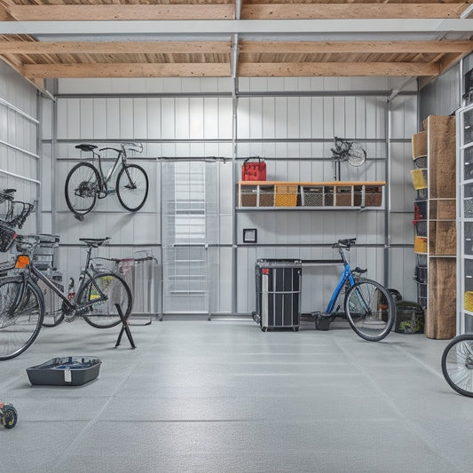 A clutter-free garage with a sleek, silver Monsterrax Overhead Rack installed, holding various storage bins and bicycles, surrounded by a few well-organized tools and a shiny, black sports car.