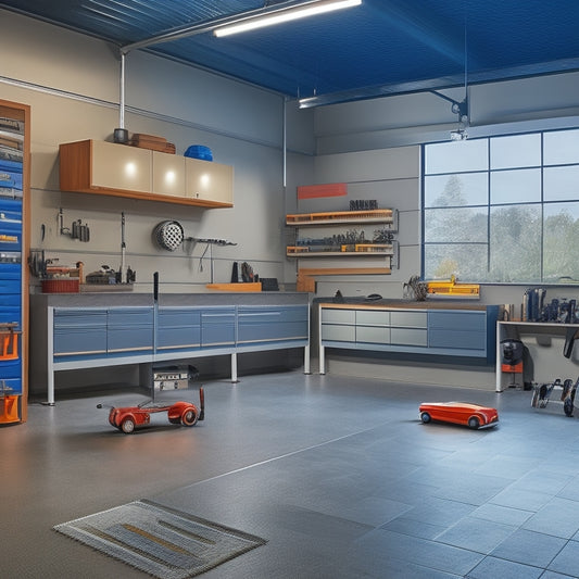 A well-organized garage with sleek, modern cabinets, a polished concrete floor, and a stylish workbench, surrounded by a few neatly arranged tools and a sports car in the background.
