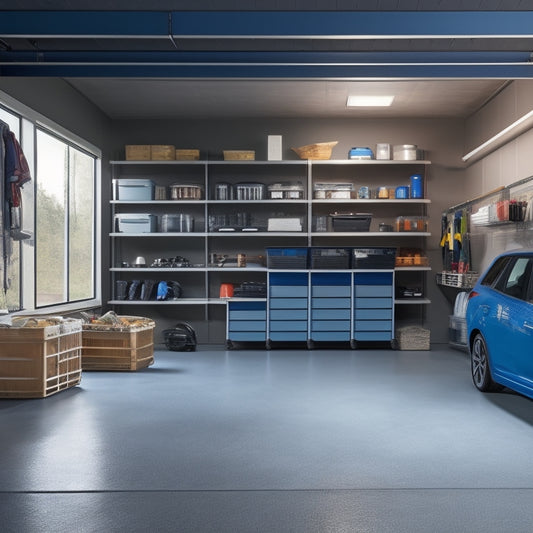 A well-organized garage with a slatwall, sleek shelving units, and a epoxy-coated floor, featuring a parked car and a few neatly arranged bins and baskets, surrounded by plenty of open space.