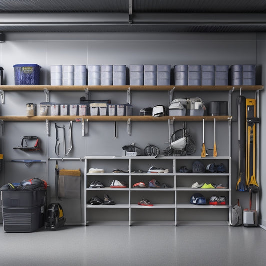 A modern, well-lit garage with sleek, wall-mounted shelves, transparent storage bins, and a slatwall with hooks, holding a variety of organized tools and sporting equipment, against a clean, gray concrete floor.
