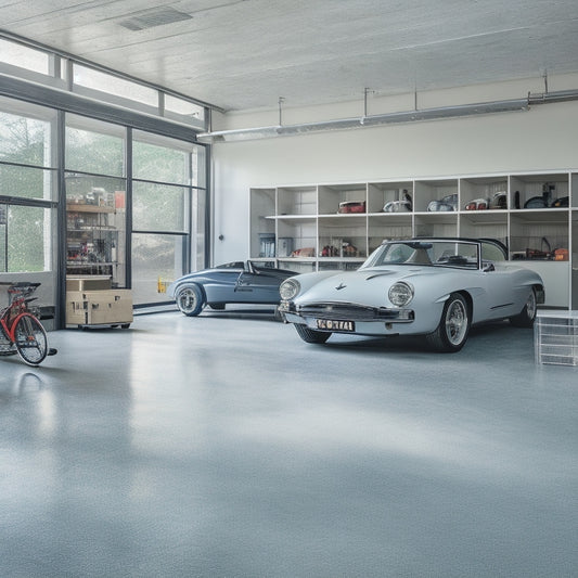 A serene, well-lit garage interior with sleek, floor-to-ceiling storage units, a polished concrete floor, and a few, carefully selected, gleaming sports cars or bicycles on display.