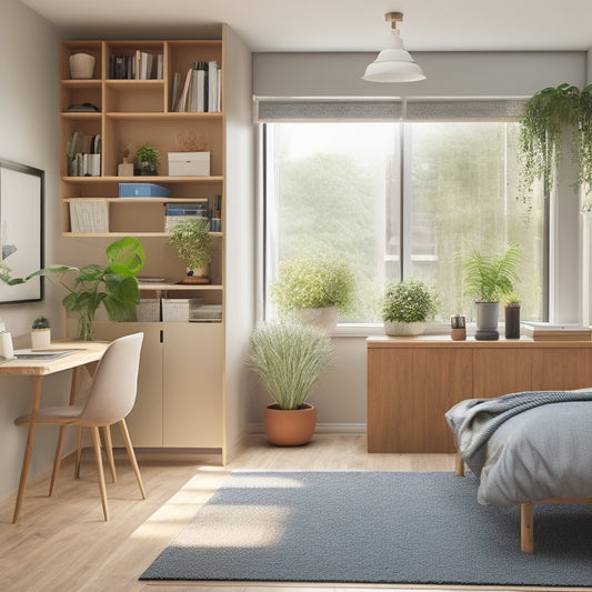 A clutter-free, minimalist room with a Murphy bed, built-in shelves, and a foldable desk, surrounded by plants and natural light, conveying a sense of serenity and efficiency.