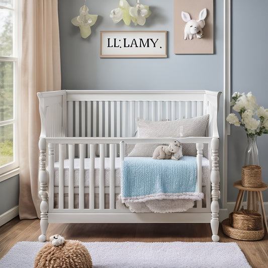 A serene nursery scene featuring a custom wooden name sign with a baby's name "Lily" in bold, cursive font, hung above a crib with a soft, white canopy and a few stuffed animals.