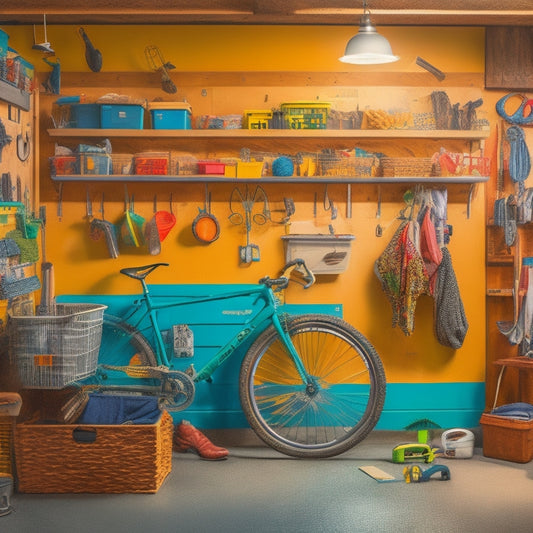A cluttered garage transforming into an organized space, with bicycles hung from the ceiling, tools on a pegboard, and storage bins labeled with colorful stickers, amidst a backdrop of warm wooden tones.