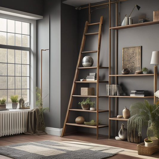 A stylish, modern room with a floor-to-ceiling bookshelf, featuring a sleek, wooden artisan sliding ladder with ornate metal rungs, positioned diagonally, with warm, soft lighting and blurred background.