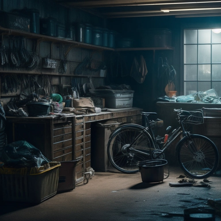 A dimly lit garage with cluttered shelves, overflowing bins, and scattered tools, with a bike leaning haphazardly against a wall, surrounded by cobwebs and dust.