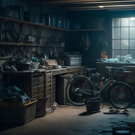A dimly lit garage with cluttered shelves, overflowing bins, and scattered tools, with a bike leaning haphazardly against a wall, surrounded by cobwebs and dust.