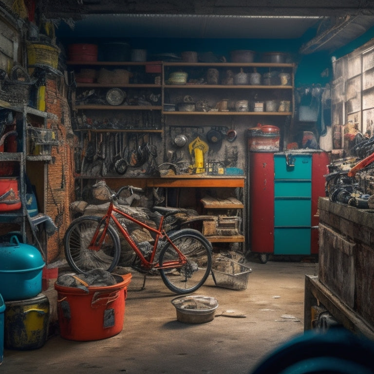 A cluttered garage with heavy items like toolboxes, bicycles, and engines scattered on the floor, surrounded by worn-out shelves and broken brackets, with a faint outline of sturdy shelving units in the background.