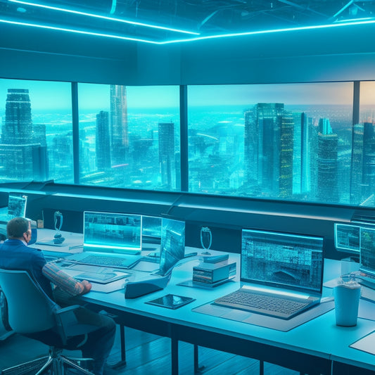 A futuristic classroom with augmented reality goggles, tablets, and laptops scattered across tables, surrounded by a cityscape with sleek skyscrapers and neon lights, blending physical and digital learning environments.