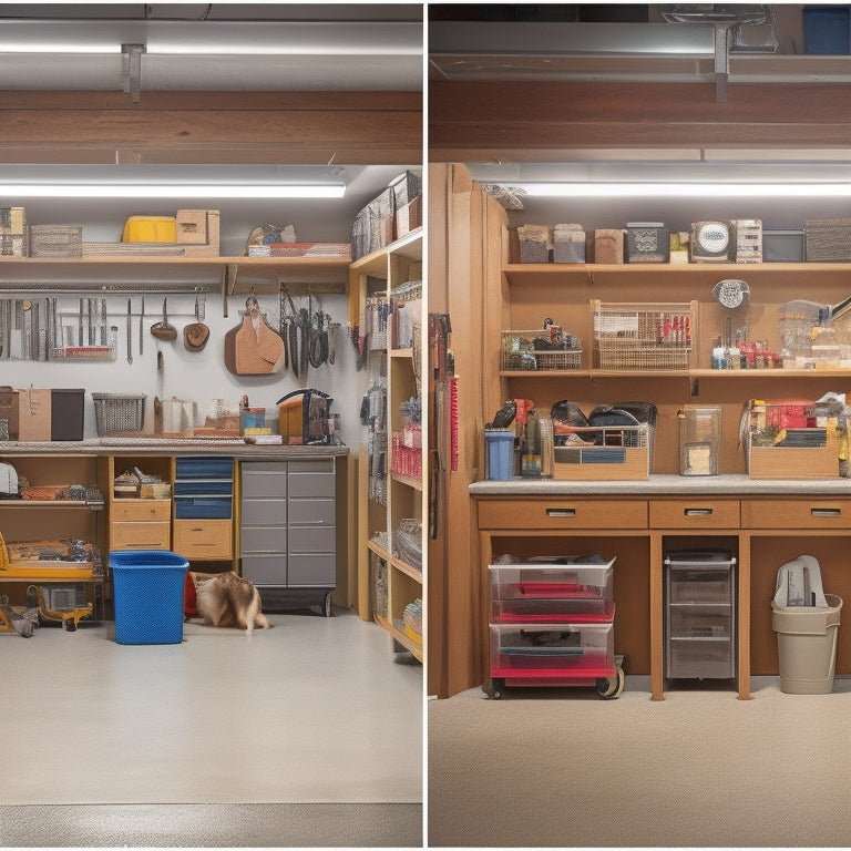 A before-and-after split-screen image: cluttered garage with boxes and tools scattered everywhere, versus organized garage with sleek shelving, labeled bins, and a tidy workbench, with a floor-to-ceiling storage system.