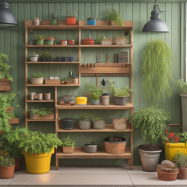 A clutter-free garage with a pegboard displaying gardening tools, a wall-mounted potting bench with a built-in planter, and a storage bin labeled with a flower icon, surrounded by lush greenery.