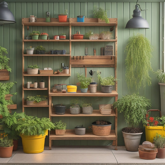 A clutter-free garage with a pegboard displaying gardening tools, a wall-mounted potting bench with a built-in planter, and a storage bin labeled with a flower icon, surrounded by lush greenery.
