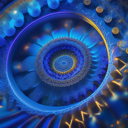 Generate an image featuring an intricate, swirling vortex of colorful shapes, with interconnected gears, stylized light rays, and abstract patterns, set against a dark, gradient blue background.