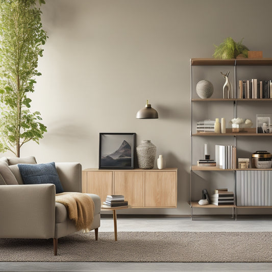 A serene, modern living room with a sleek, wall-mounted shelving unit, holding a few, carefully selected decorative items, amidst a clutter-free floor and a minimalist backdrop.