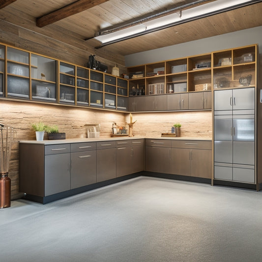 A clutter-free garage with sleek, modern cabinets and shelves in a warm wood tone, adorned with metallic accents, and a few strategically placed LED lights, surrounded by a polished concrete floor.