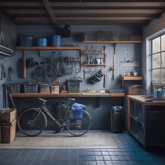 A serene, well-lit garage interior with organized tools on pegboards, labeled bins on shelves, and a few neatly parked bicycles, evoking a sense of calm and control.