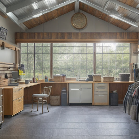 A well-organized garage with a slatwall covered in hooks, bins, and baskets, a epoxy-coated floor, and a workstation with a vise, surrounded by natural light pouring in through a large window.