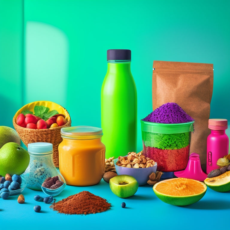 A vibrant, colorful illustration of a blender surrounded by various fruits, nuts, and seeds, with a few protein powder containers and a gym bag in the background, set against a bright green smoothie-filled glass.