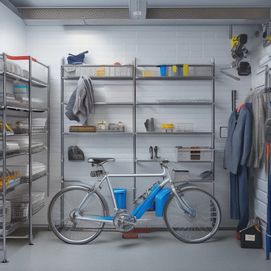 A tidy garage interior with a sleek, silver bike lifted off the floor on a wall-mounted rack, surrounded by labeled bins, hooks, and a pegboard, with a few tools neatly organized.