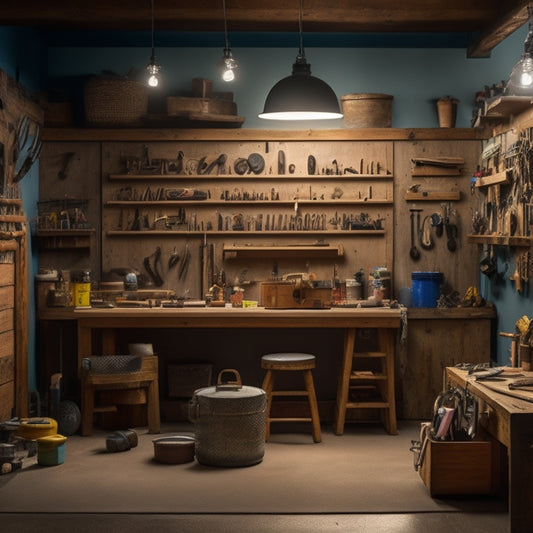 A well-lit, organized garage with a wooden workbench, surrounded by tools and hobby supplies, featuring a half-finished woodworking project and a few art pieces on the walls.