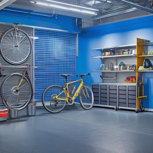 A well-lit, organized garage with sleek, silver shelves and cabinets, colorful bins, and a slatted wall system, surrounded by a few bicycles, a toolbox, and a shiny sports car in the background.