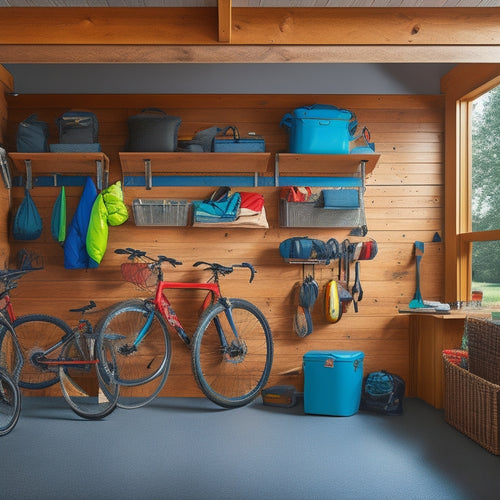 A clutter-free garage with a slatwall system, hooks, and bins storing outdoor gear like bicycles, kayaks, and camping equipment, with a loft storage area above and a workbench in the corner.