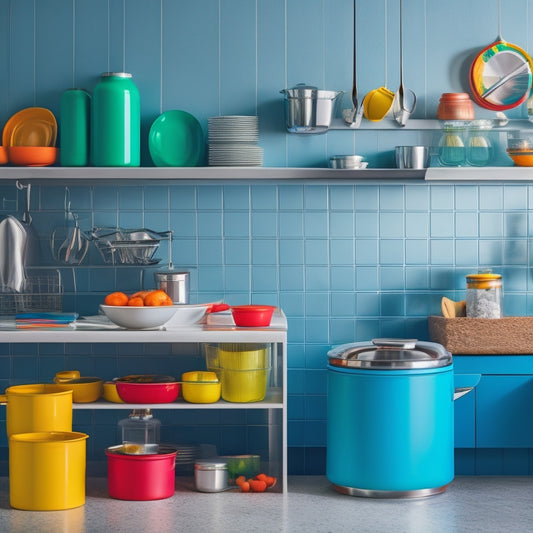 A bright, modern kitchen with sleek countertops, featuring a Koova Can Holder mounted on the wall, holding multiple colorful cans in a tidy, stacked formation, surrounded by minimal kitchen utensils.